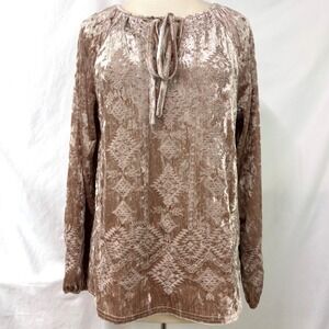 SAVANNA JANE Pink Crushed Velvet Embroidered Peasant Tunic Top M Long Sleeve